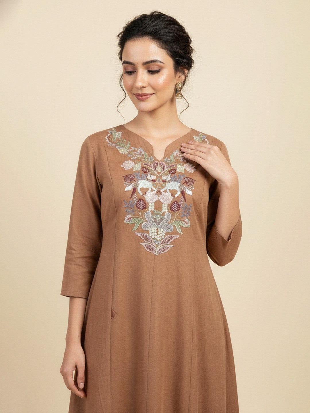 Brown Ethnic Motifs -Line Mul Chanderi Salwar Suit - Image 4