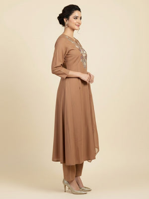 Brown Ethnic Motifs -Line Mul Chanderi Salwar Suit - Image 2