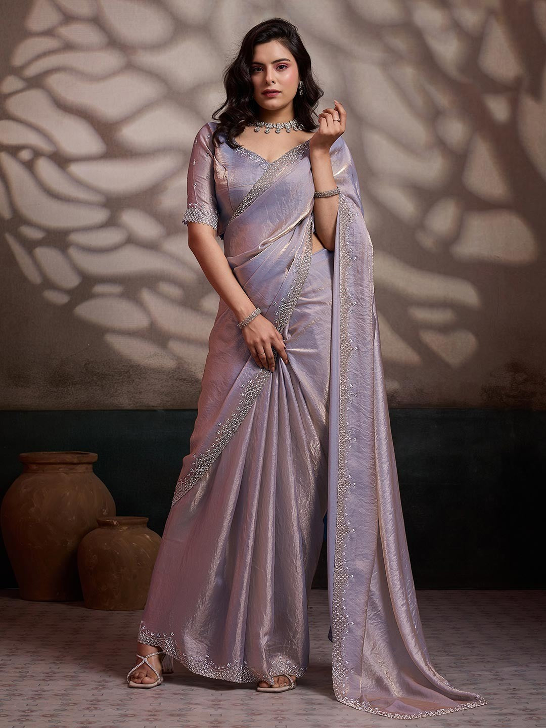 Graceful Silver Solid Velvet Satin Saree With Intricate Handcrafted Cutdana & Zarkan Border - Image 1