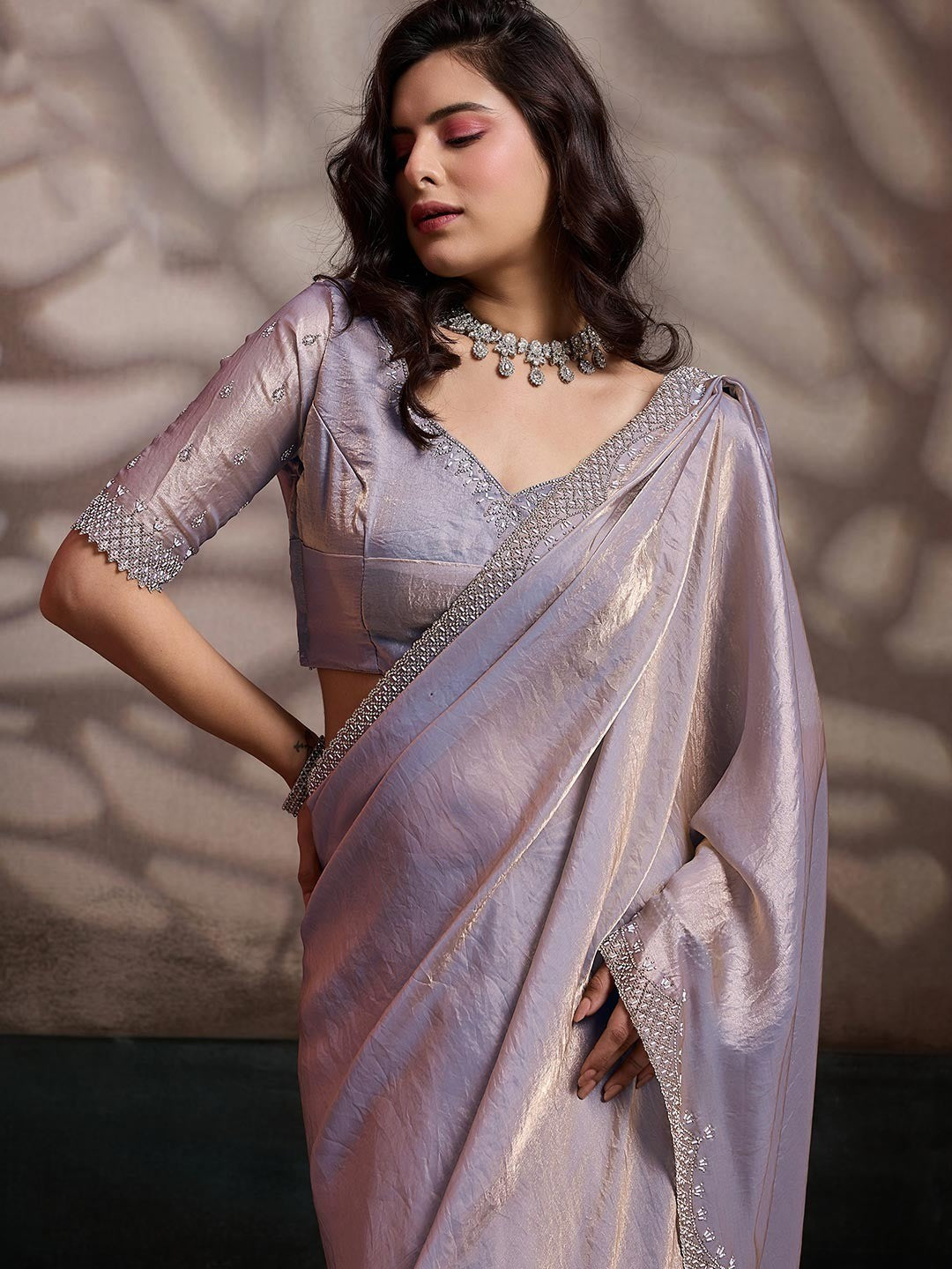Graceful Silver Solid Velvet Satin Saree With Intricate Handcrafted Cutdana & Zarkan Border - Image 4