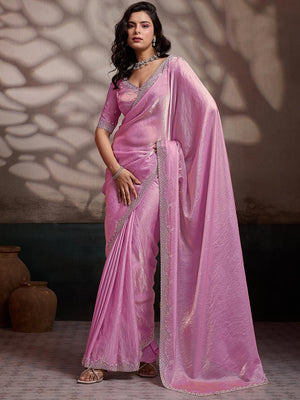 Graceful Pink Solid Velvet Satin Saree With Intricate Handcrafted Cutdana & Zarkan Border - Image 1