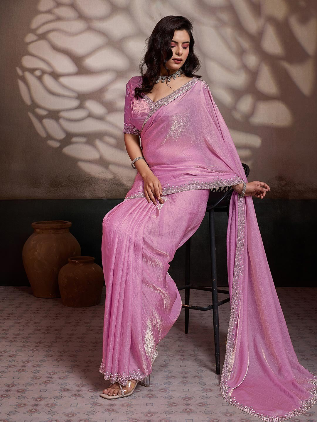 Graceful Pink Solid Velvet Satin Saree With Intricate Handcrafted Cutdana & Zarkan Border - Image 3