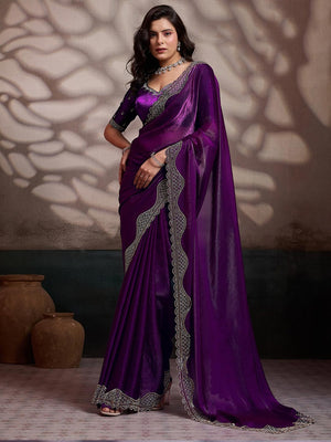 Graceful Violet Solid Velvet Satin Saree With Intricate Handcrafted Cutdana & Zarkan Border - Image 1
