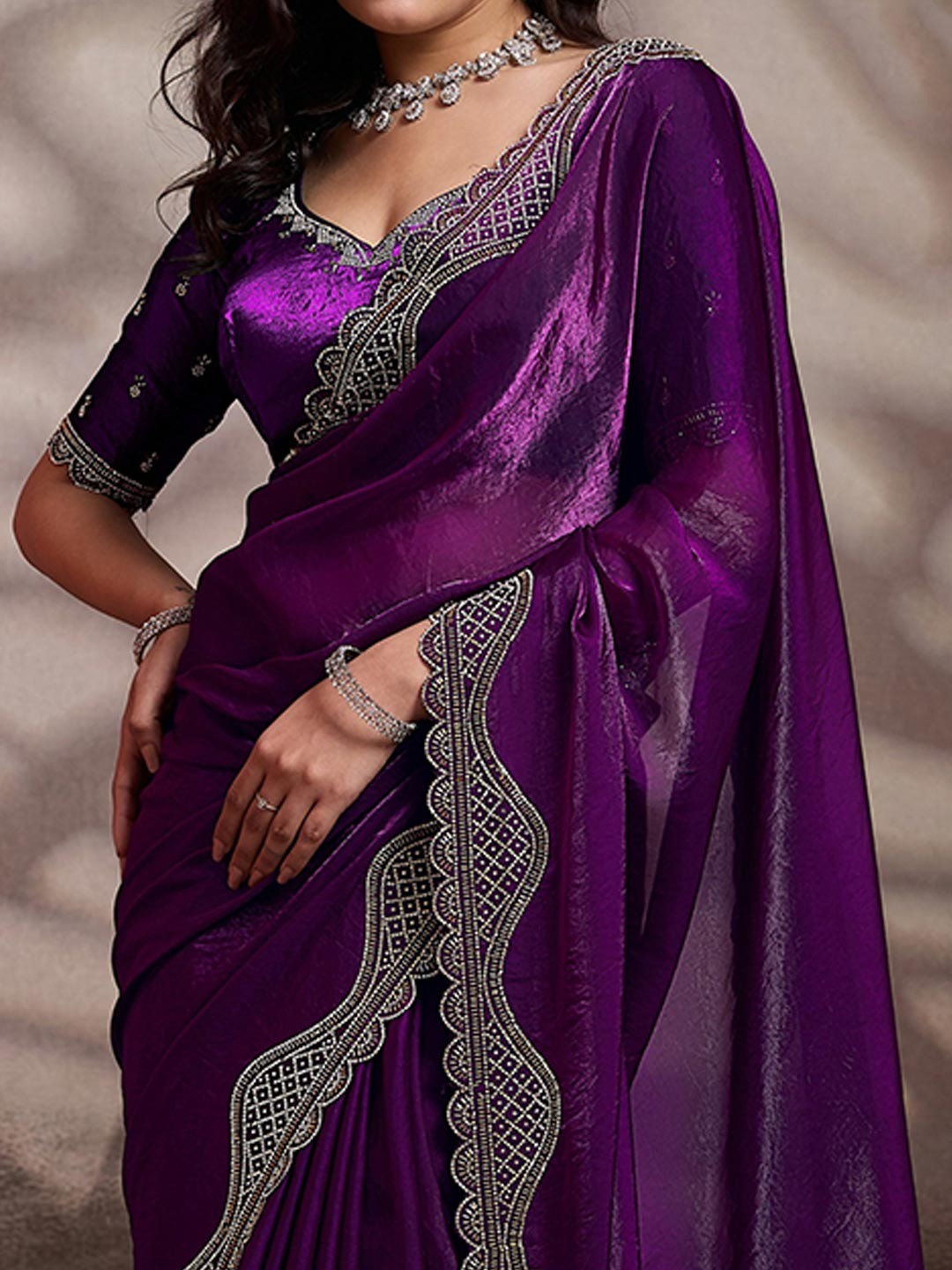 Graceful Violet Solid Velvet Satin Saree With Intricate Handcrafted Cutdana & Zarkan Border - Image 6