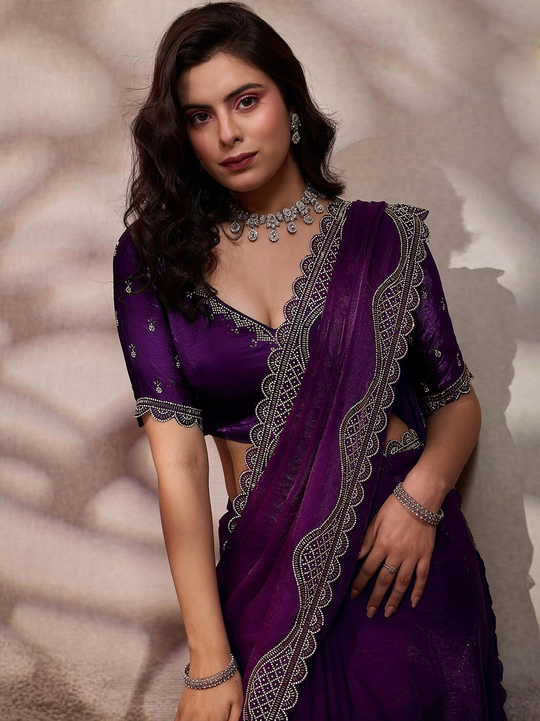 Graceful Violet Solid Velvet Satin Saree With Intricate Handcrafted Cutdana & Zarkan Border - Image 4