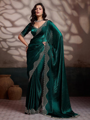 Graceful Teal Green Solid Velvet Satin Saree With Intricate Handcrafted Cutdana & Zarkan Border - Image 1