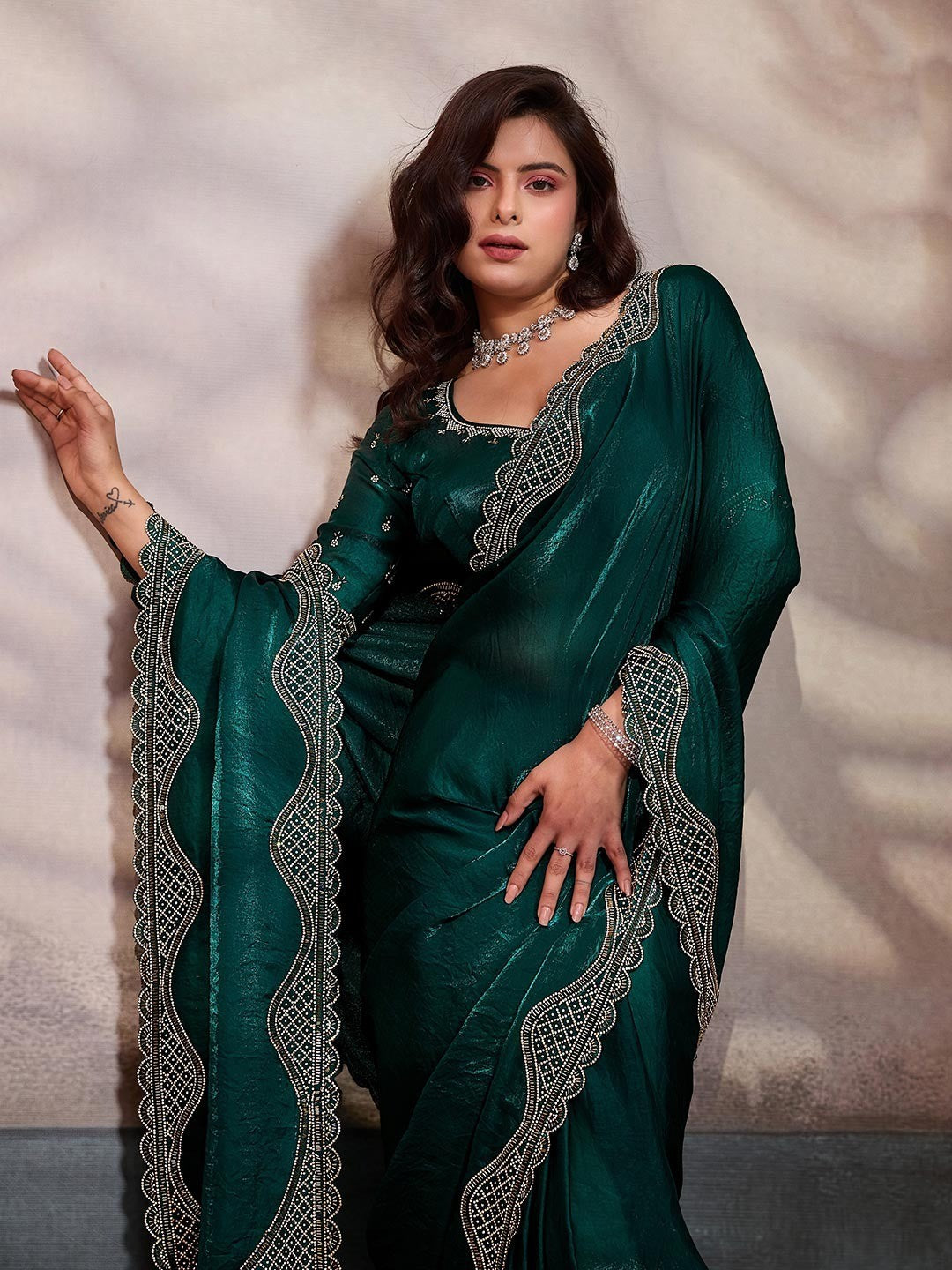 Graceful Teal Green Solid Velvet Satin Saree With Intricate Handcrafted Cutdana & Zarkan Border - Image 4