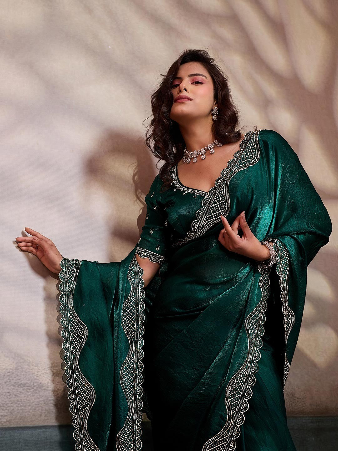 Graceful Teal Green Solid Velvet Satin Saree With Intricate Handcrafted Cutdana & Zarkan Border - Image 3