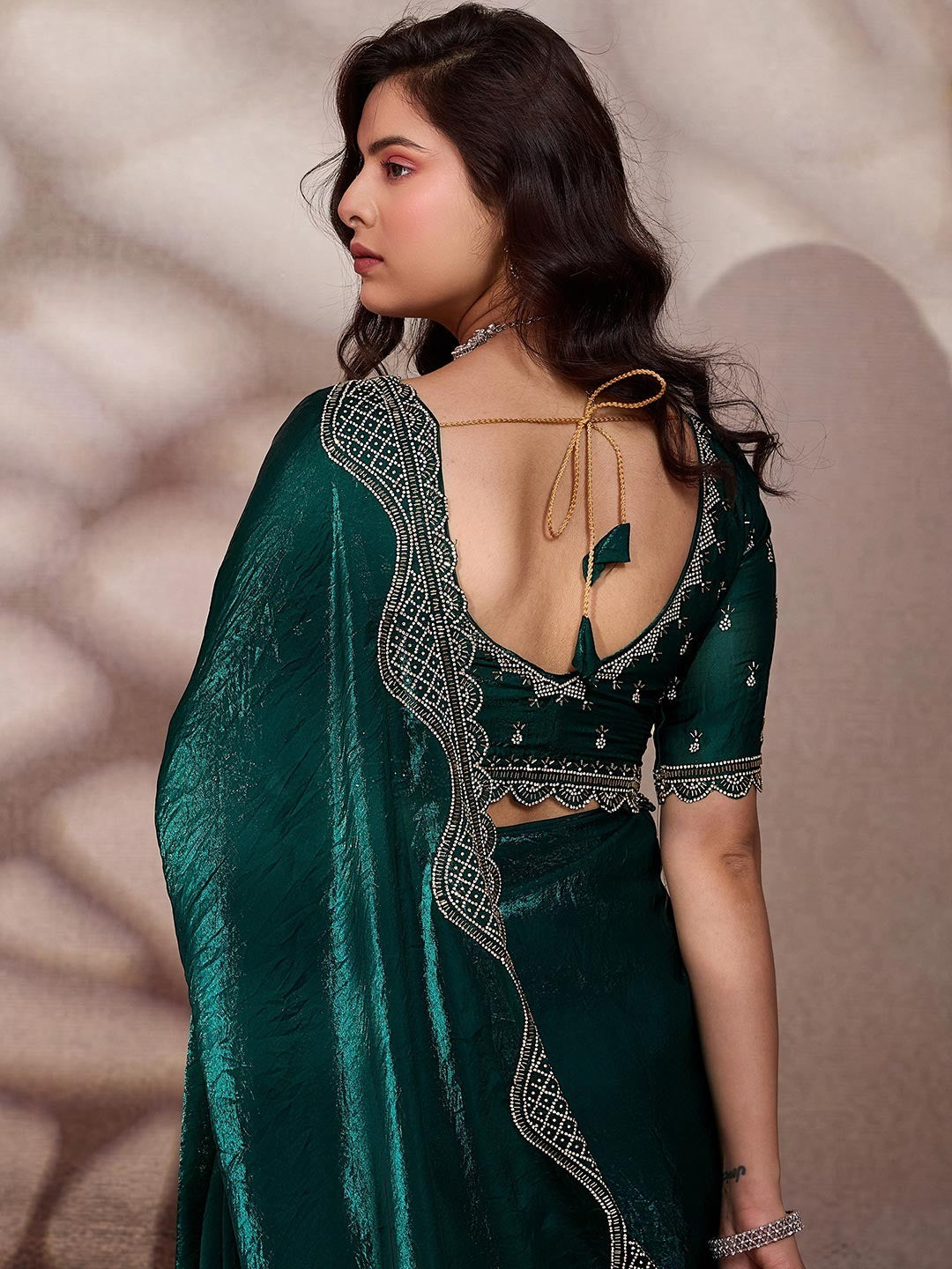 Graceful Teal Green Solid Velvet Satin Saree With Intricate Handcrafted Cutdana & Zarkan Border - Image 2