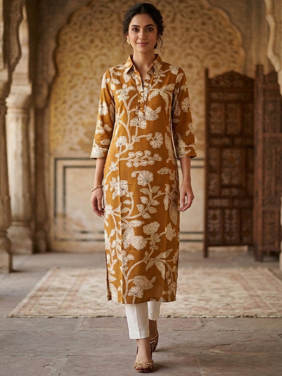 Yellow Floral Printed Rayon Kurti with Collar Neck - Image 1