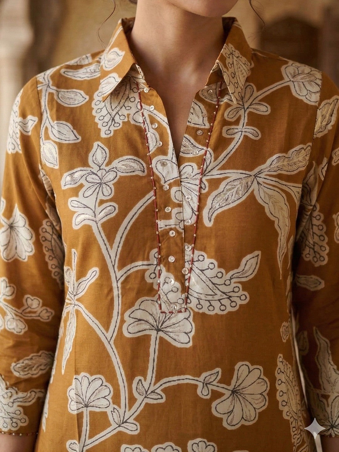 Yellow Floral Printed Rayon Kurti with Collar Neck - Image 3