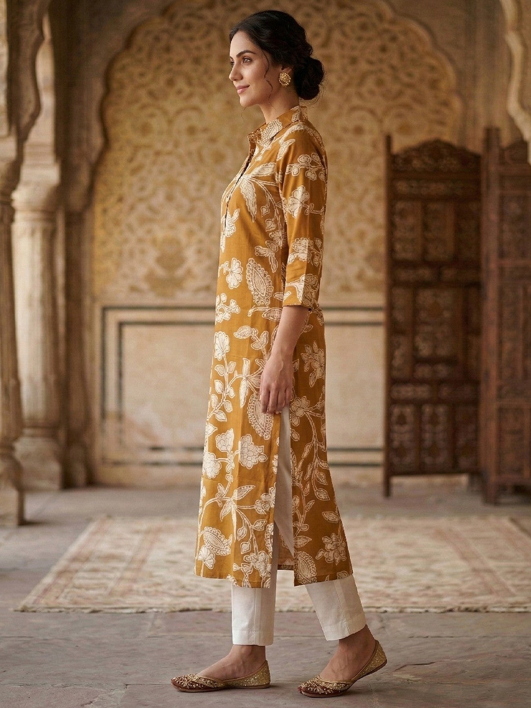 Yellow Floral Printed Rayon Kurti with Collar Neck - Image 4