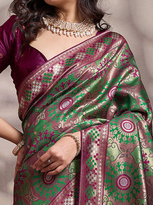 Graceful Green & Wine Floral Zari Meenakari Weaving Art Silk Saree With Elegant Tassel Pallu - Image 2