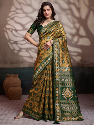 Graceful Mustard & Green Floral Zari Meenakari Weaving Art Silk Saree With Elegant Tassel Pallu - Image 1