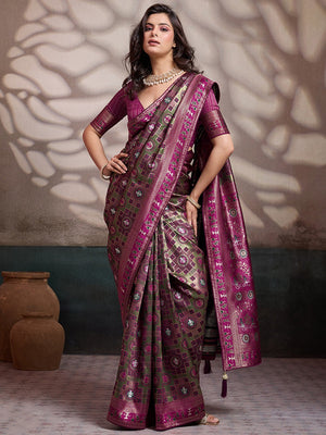 Graceful Burgundy & Green Floral Zari Meenakari Weaving Art Silk Saree With Elegant Tassel Pallu - Image 1