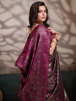 Graceful Burgundy & Green Floral Zari Meenakari Weaving Art Silk Saree With Elegant Tassel Pallu - Image 2