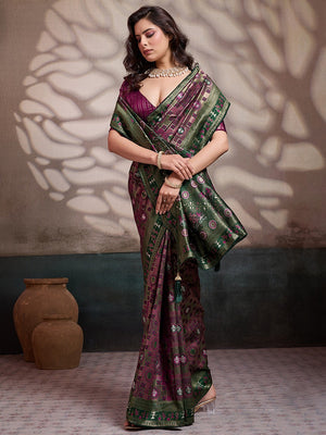 Graceful Wine & Green Floral Zari Meenakari Weaving Art Silk Saree With Elegant Tassel Pallu - Image 1