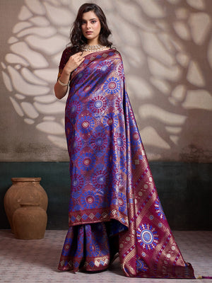 Graceful Royal Blue & Maroon Floral Zari Meenakari Weaving Art Silk Saree With Elegant Tassel Pallu - Image 1