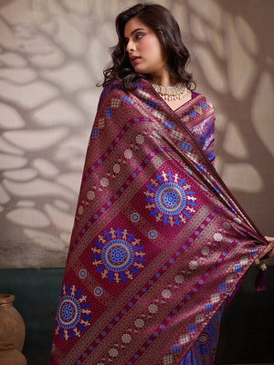 Graceful Royal Blue & Maroon Floral Zari Meenakari Weaving Art Silk Saree With Elegant Tassel Pallu - Image 2
