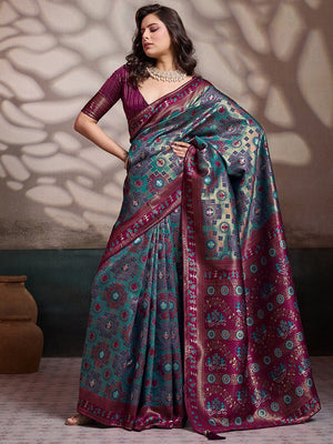 Graceful Turquoise & Wine Floral Zari Meenakari Weaving Art Silk Saree With Elegant Tassel Pallu - Image 1