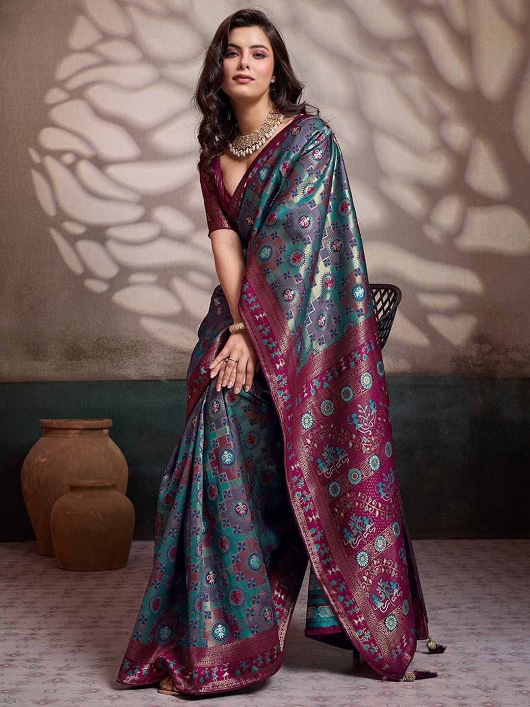 Graceful Turquoise & Wine Floral Zari Meenakari Weaving Art Silk Saree With Elegant Tassel Pallu - Image 4