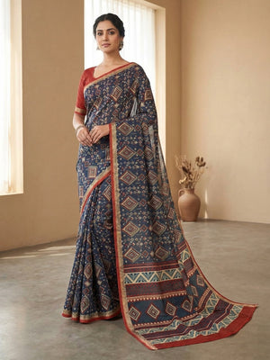 Traditional Blue Chanderi Silk Saree with Detailed Geometric Print Pattern - Image 1