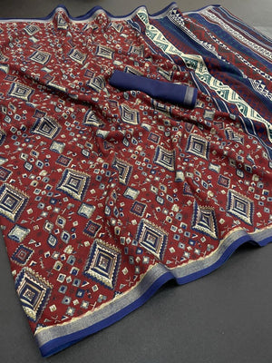 Traditional Maroon Chanderi Silk Saree with Detailed Geometric Print Pattern - Image 2