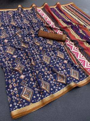 Traditional Navy Blue Chanderi Silk Saree with Detailed Geometric Print Pattern - Image 2