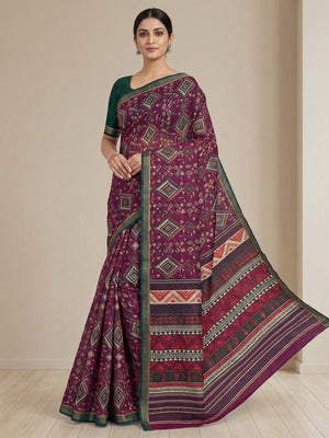 Traditional Purple Chanderi Silk Saree with Detailed Geometric Print Pattern - Image 1