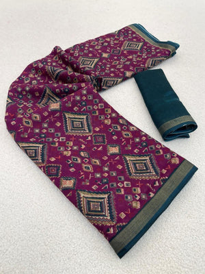 Traditional Purple Chanderi Silk Saree with Detailed Geometric Print Pattern - Image 2