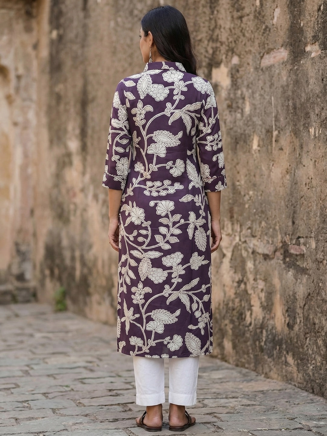 Purple Floral Printed Rayon Kurti with Collar Neck - Image 4