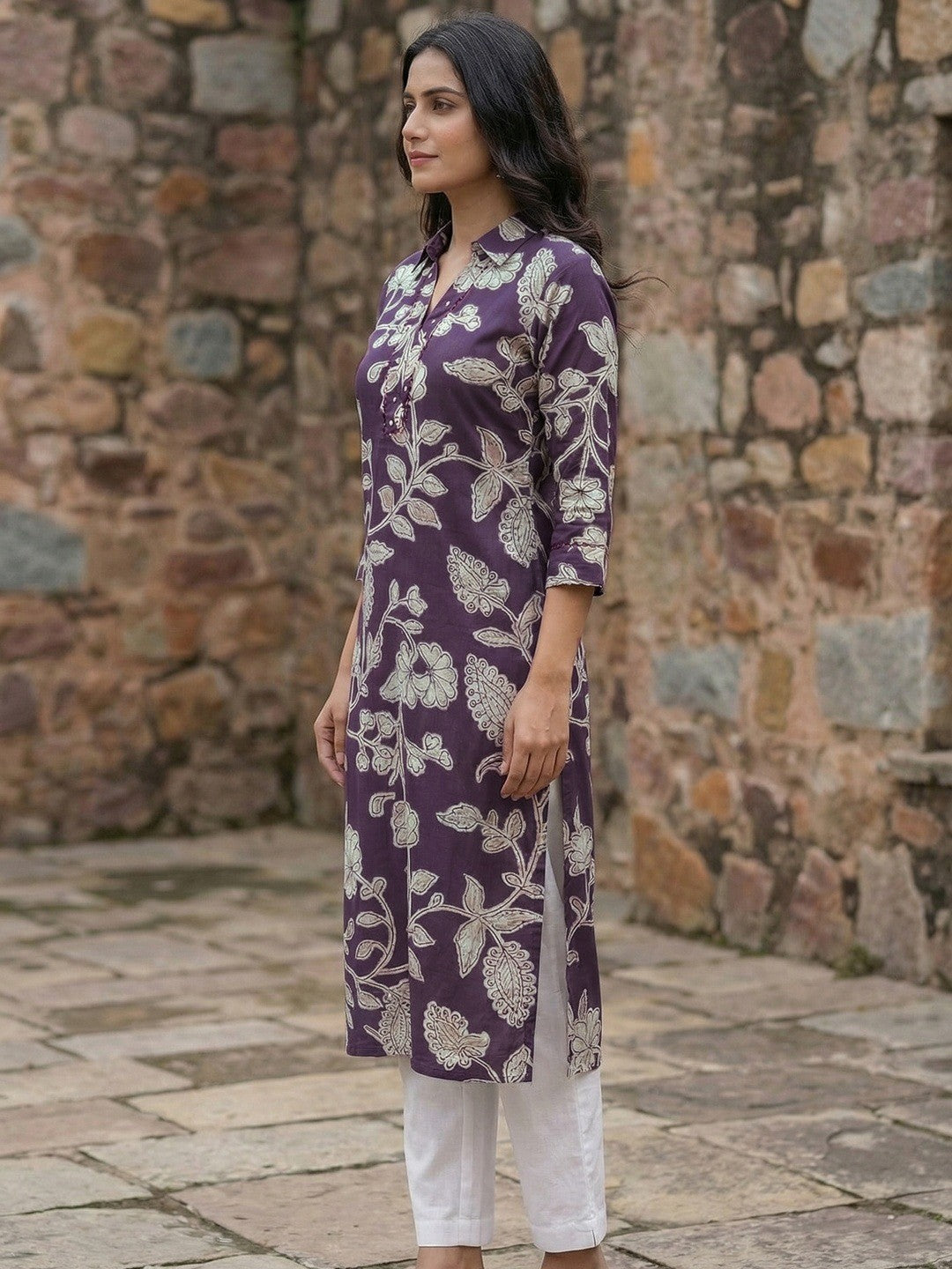 Purple Floral Printed Rayon Kurti with Collar Neck - Image 3