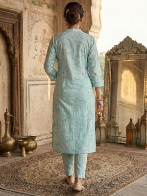 Sky Blue Floral Printed Pure Cotton Salwar Suit Set with Breathable Fabric Feel and Printed Dupatta - Image 2