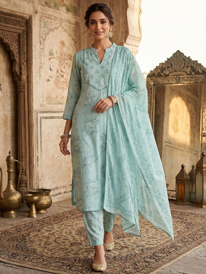 Sky Blue Floral Printed Pure Cotton Salwar Suit Set with Breathable Fabric Feel and Printed Dupatta - Image 1