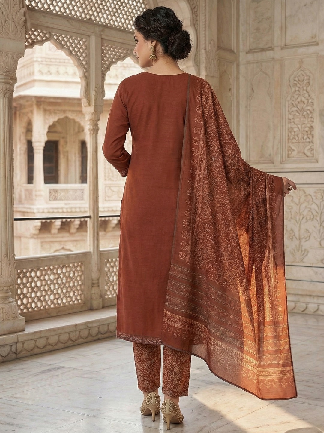 Rust Pure Cotton Straight Fit Salwar Suit with Embroidered Floral Butta Pattern - Image 3