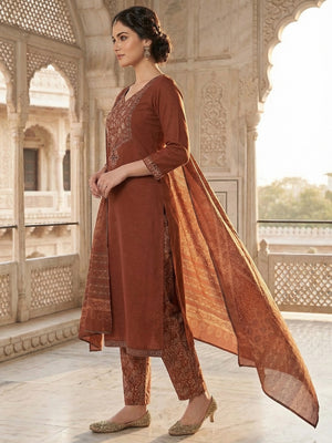 Rust Pure Cotton Straight Fit Salwar Suit with Embroidered Floral Butta Pattern - Image 2
