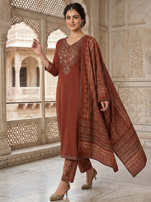 Rust Pure Cotton Straight Fit Salwar Suit with Embroidered Floral Butta Pattern - Image 1