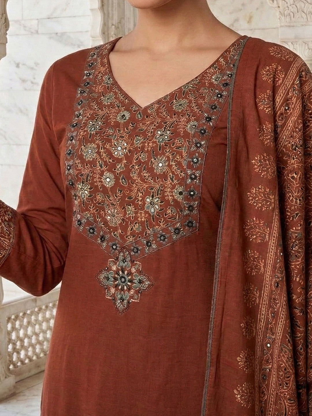 Rust Pure Cotton Straight Fit Salwar Suit with Embroidered Floral Butta Pattern - Image 4