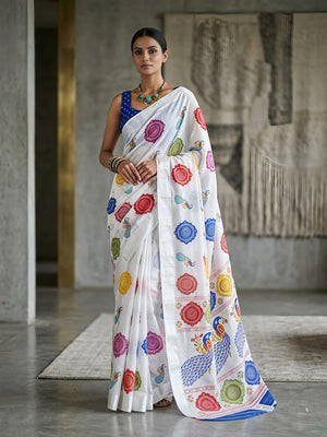 Multicolor Bandhani Print Georgette Saree with Peacock Motifs - Image 1