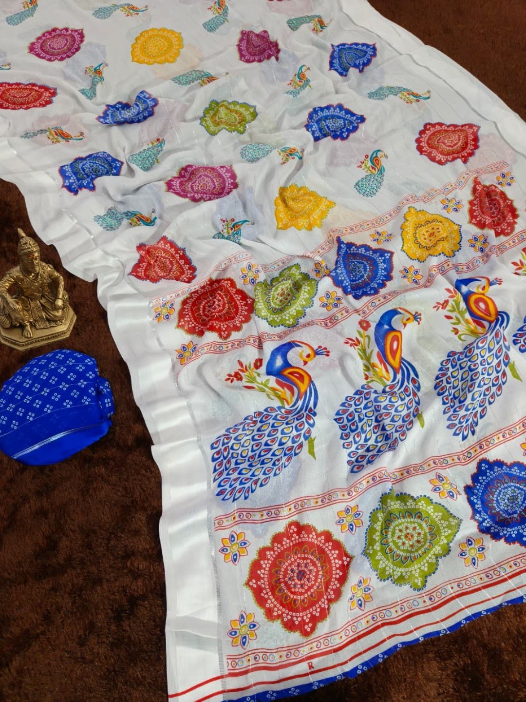 Multicolor Bandhani Print Georgette Saree with Peacock Motifs - Image 2