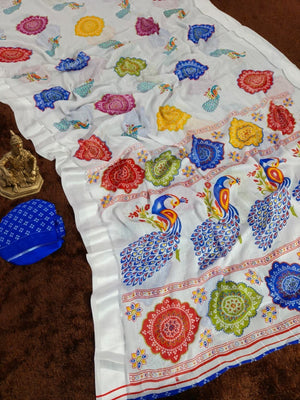 Classic White & Blue Peacock Pattern Printed Georgette Saree - Image 2