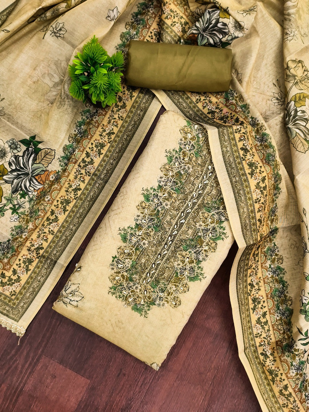 Green Viscose Digital Print Unstitched Dress Material - Image 1