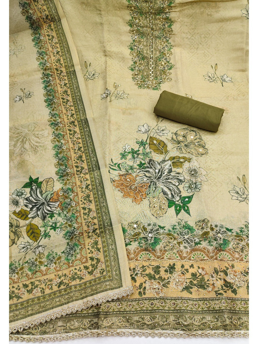Green Viscose Digital Print Unstitched Dress Material - Image 3