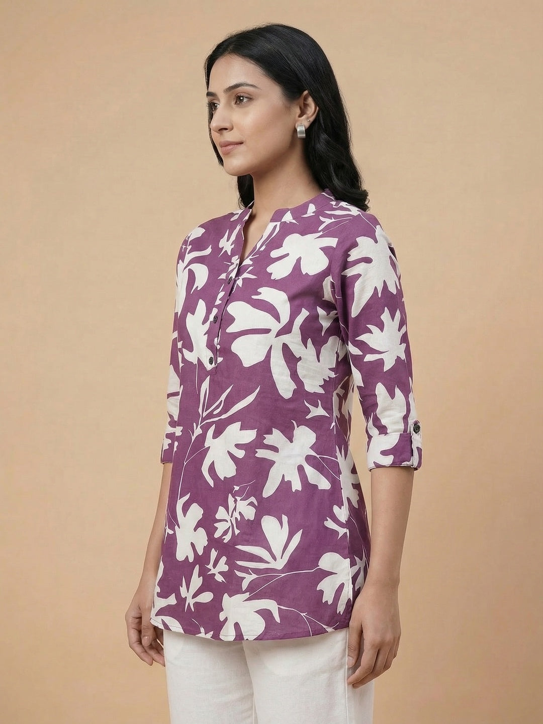 Purple Floral Print Pure Cotton Top for Casual Wear - Image 2