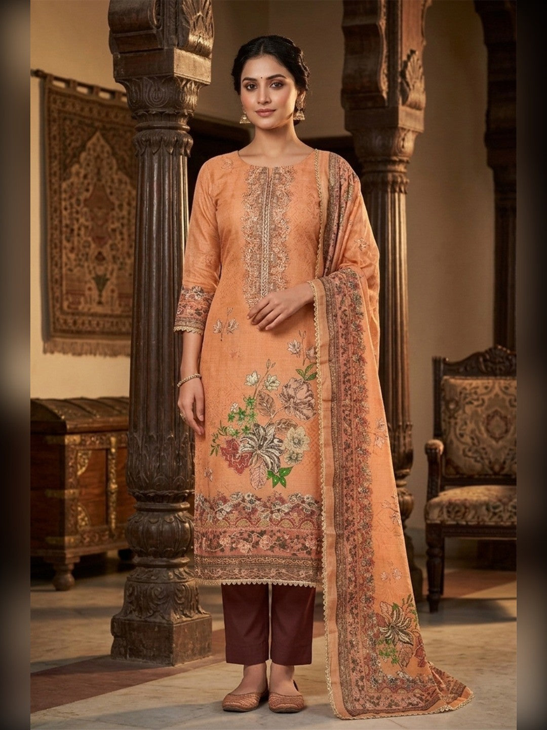 Orange Viscose Digital Printed Dress Material with Embroidery - Image 2
