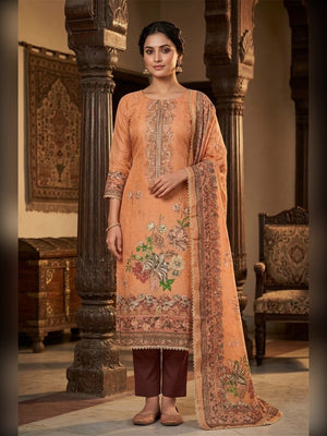 Orange Viscose Digital Printed Dress Material with Embroidery - Image 2