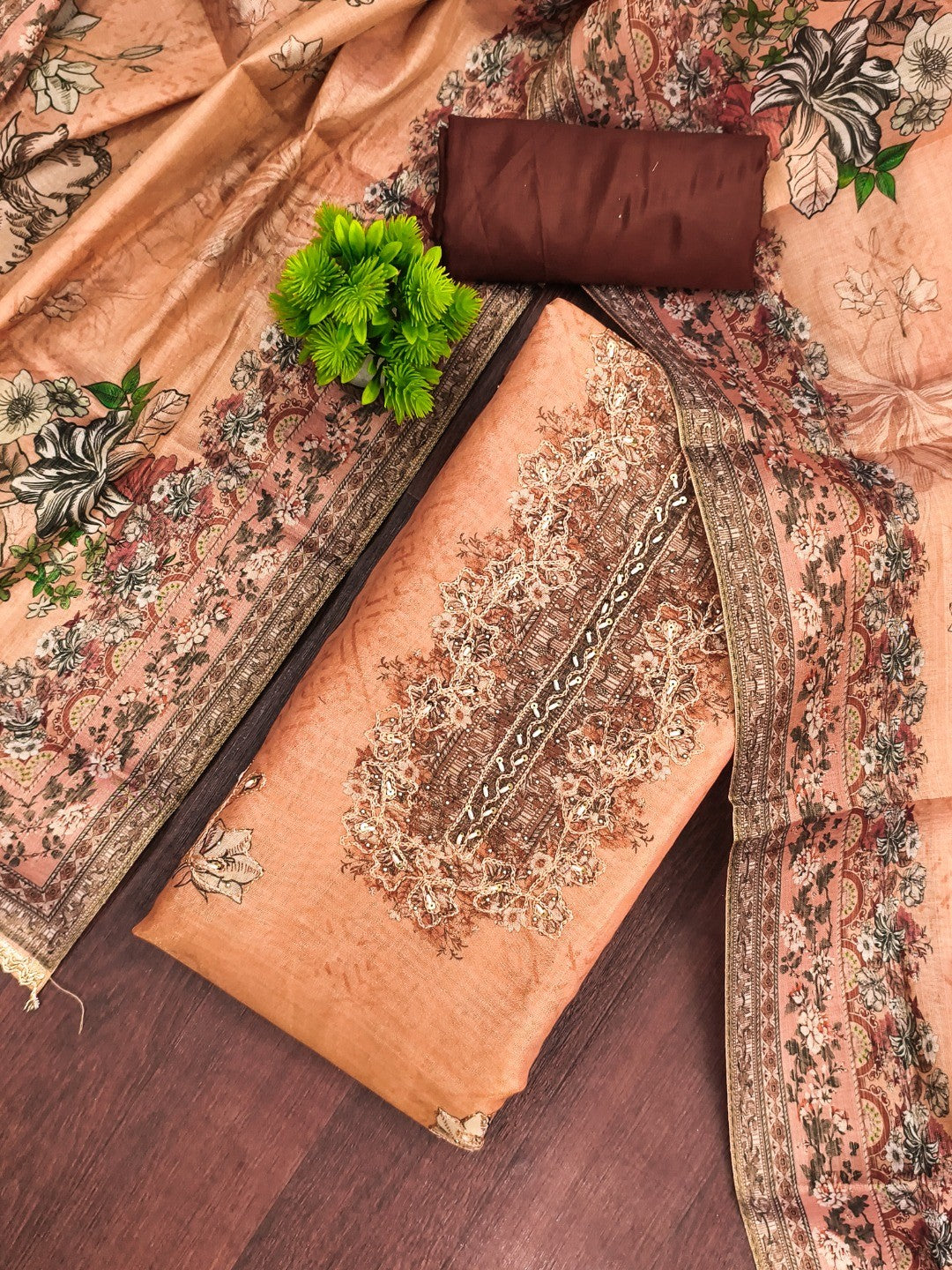 Orange Viscose Digital Printed Dress Material with Embroidery - Image 1