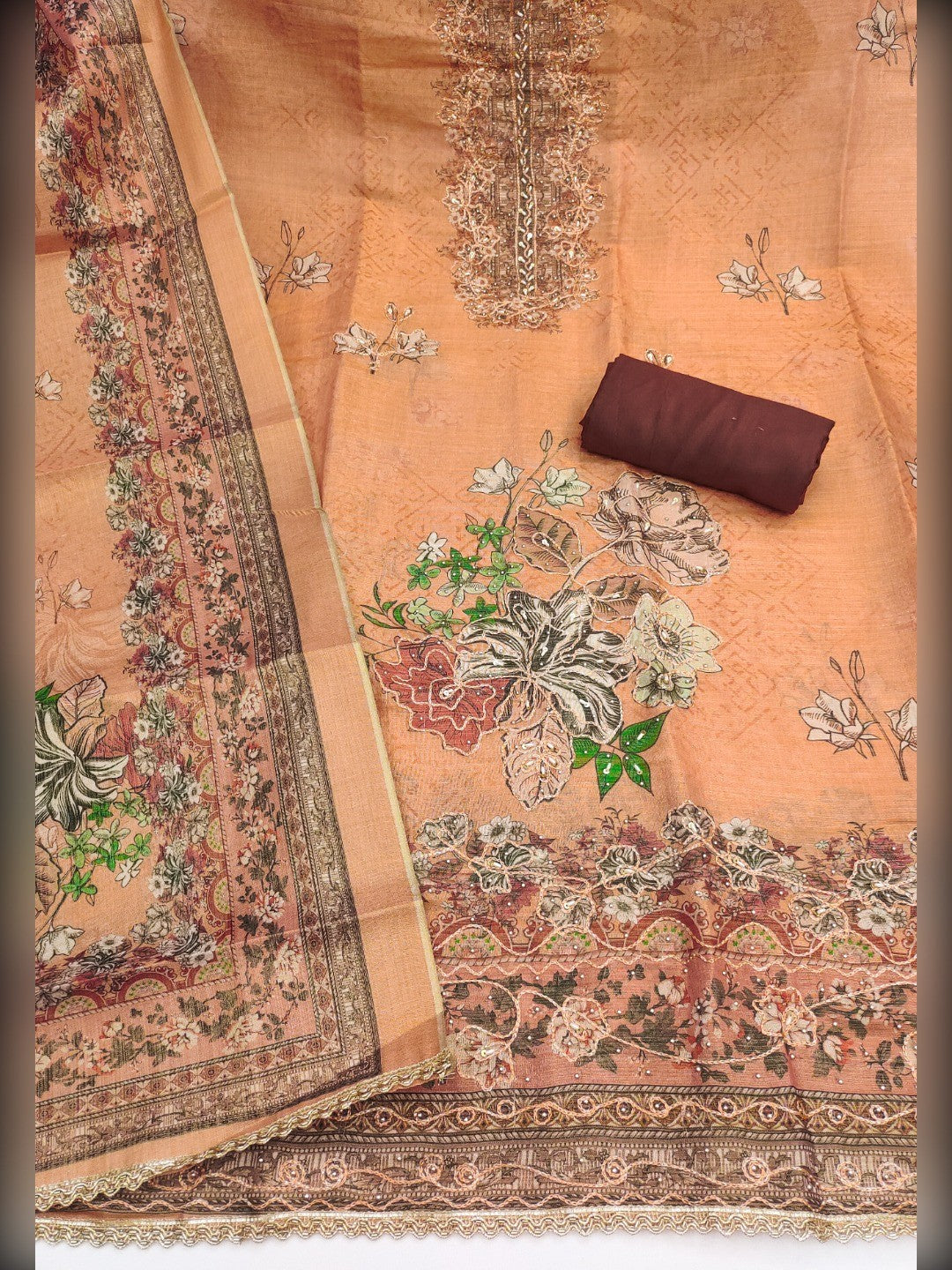 Orange Viscose Digital Printed Dress Material with Embroidery - Image 3