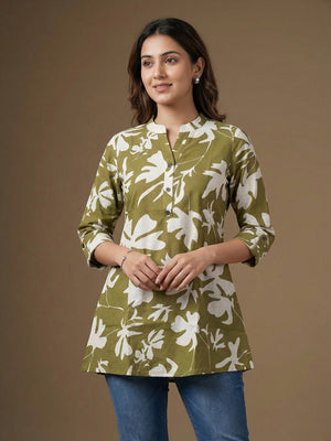Green Floral Print Pure Cotton Top for Casual Wear - Image 1
