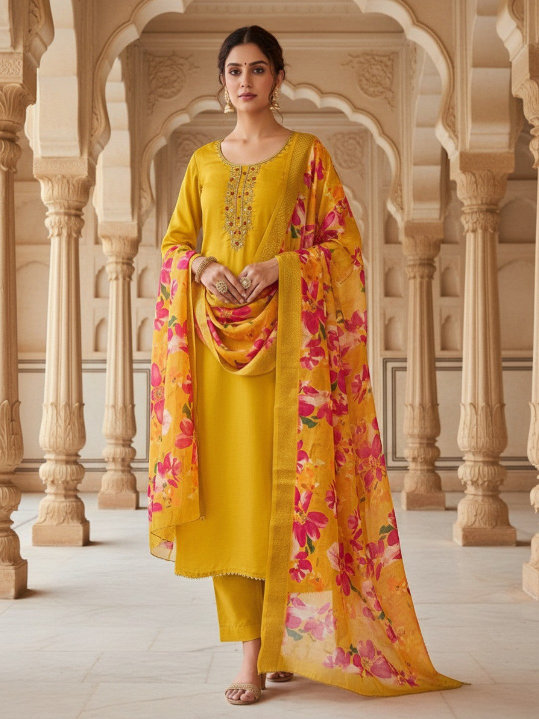 Stunning Mustard Moti & Beads Hand Embellished With Sequins Roman Art Silk Dress Material - Image 1